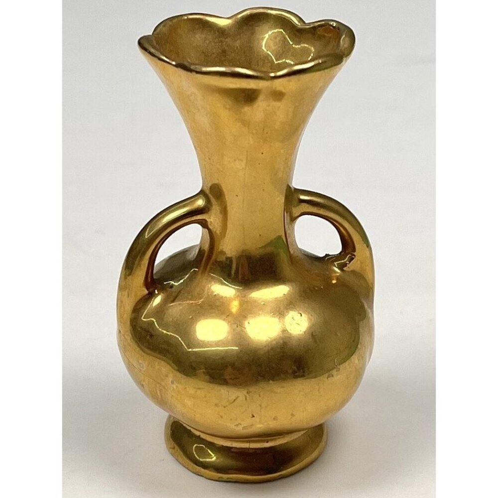 VTG MCM 3" Miniature High Gloss Gold Gilt Gilded Ceramic BUD VASE Decor EUC